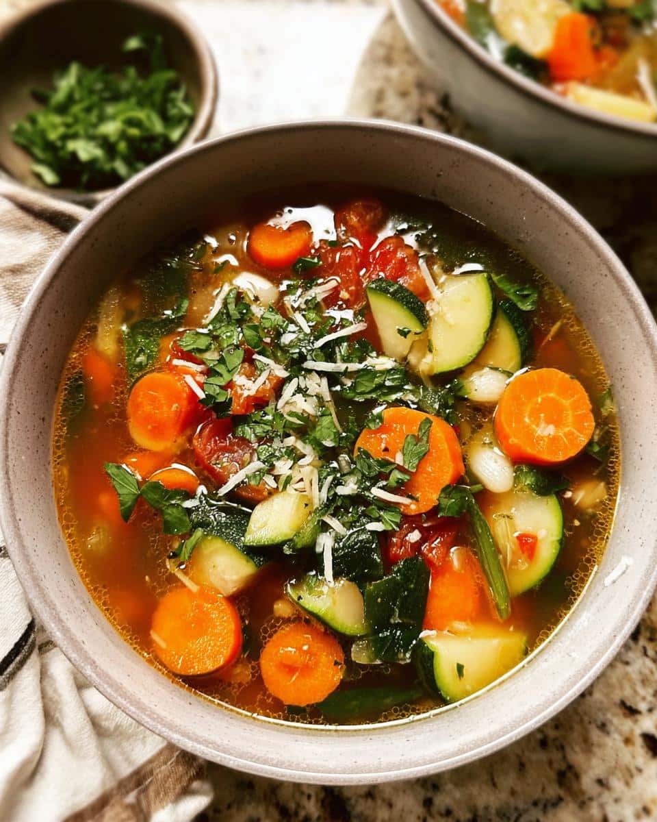 Close-up of a bowl of Clean Eating Minestrone Soup filled with carrots, zucchini, tomatoes, and topped with herbs.