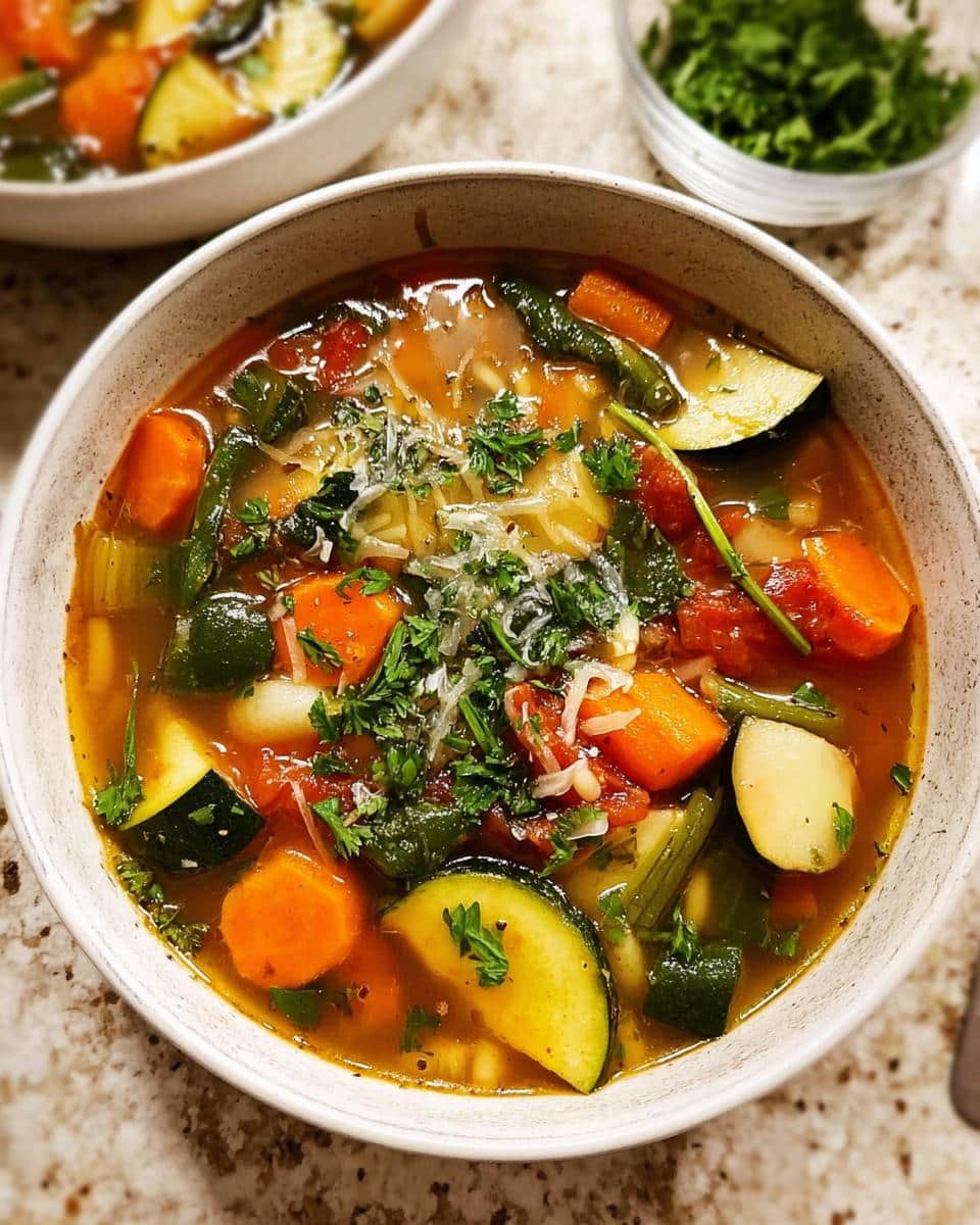 Close-up of a bowl filled with vibrant Clean Eating Minestrone Soup, loaded with vegetables and topped with parsley.