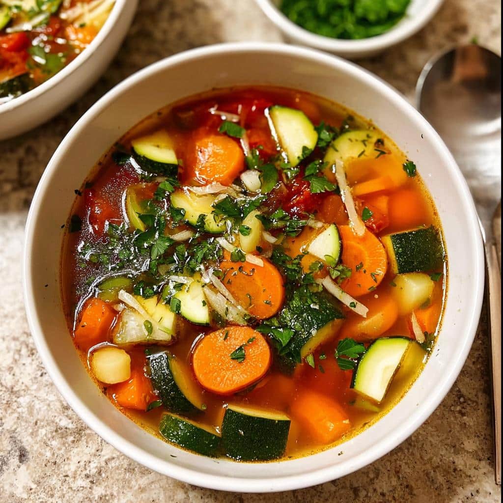 Close-up of a bowl of vibrant Clean Eating Minestrone Soup loaded with carrots, zucchini, and herbs.