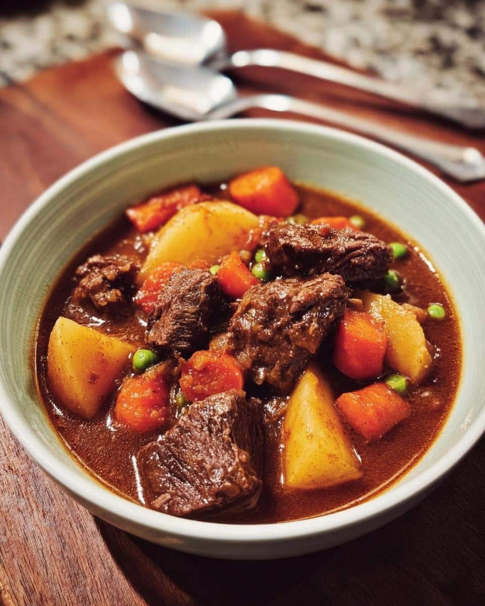 A close-up of a bowl filled with rich, dark gravy, tender beef chunks, potatoes, carrots, and peas from the Comfort Beef Stew.