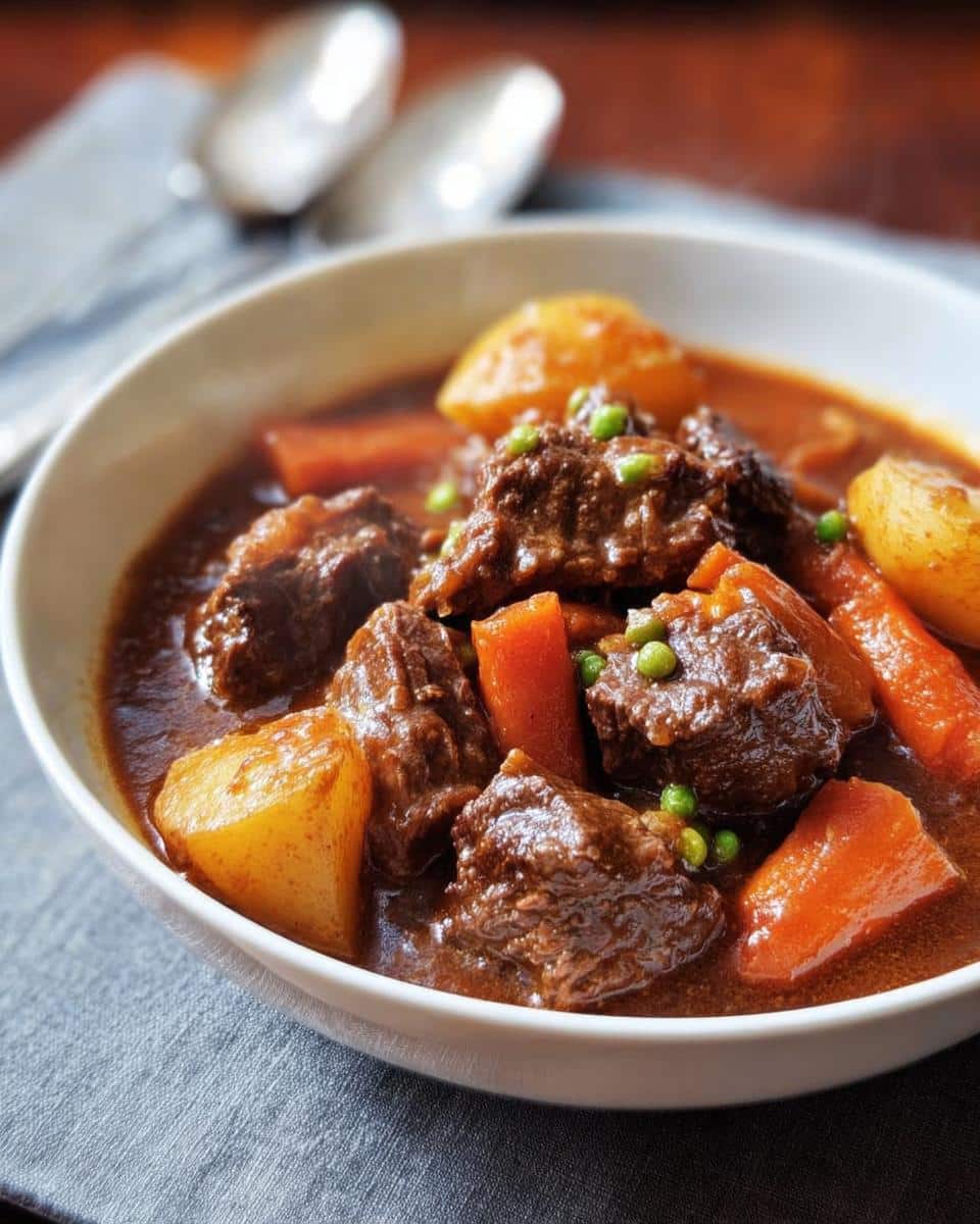 Close-up of a white bowl filled with rich, dark Comfort Beef Stew, featuring tender beef chunks, carrots, and potatoes.