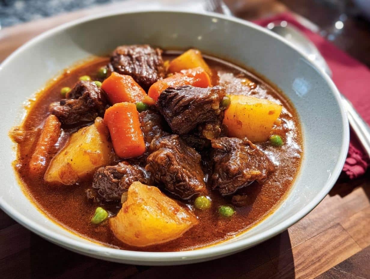 Close-up of a steaming bowl of rich Comfort Beef Stew featuring tender beef chunks, potatoes, carrots, and peas.