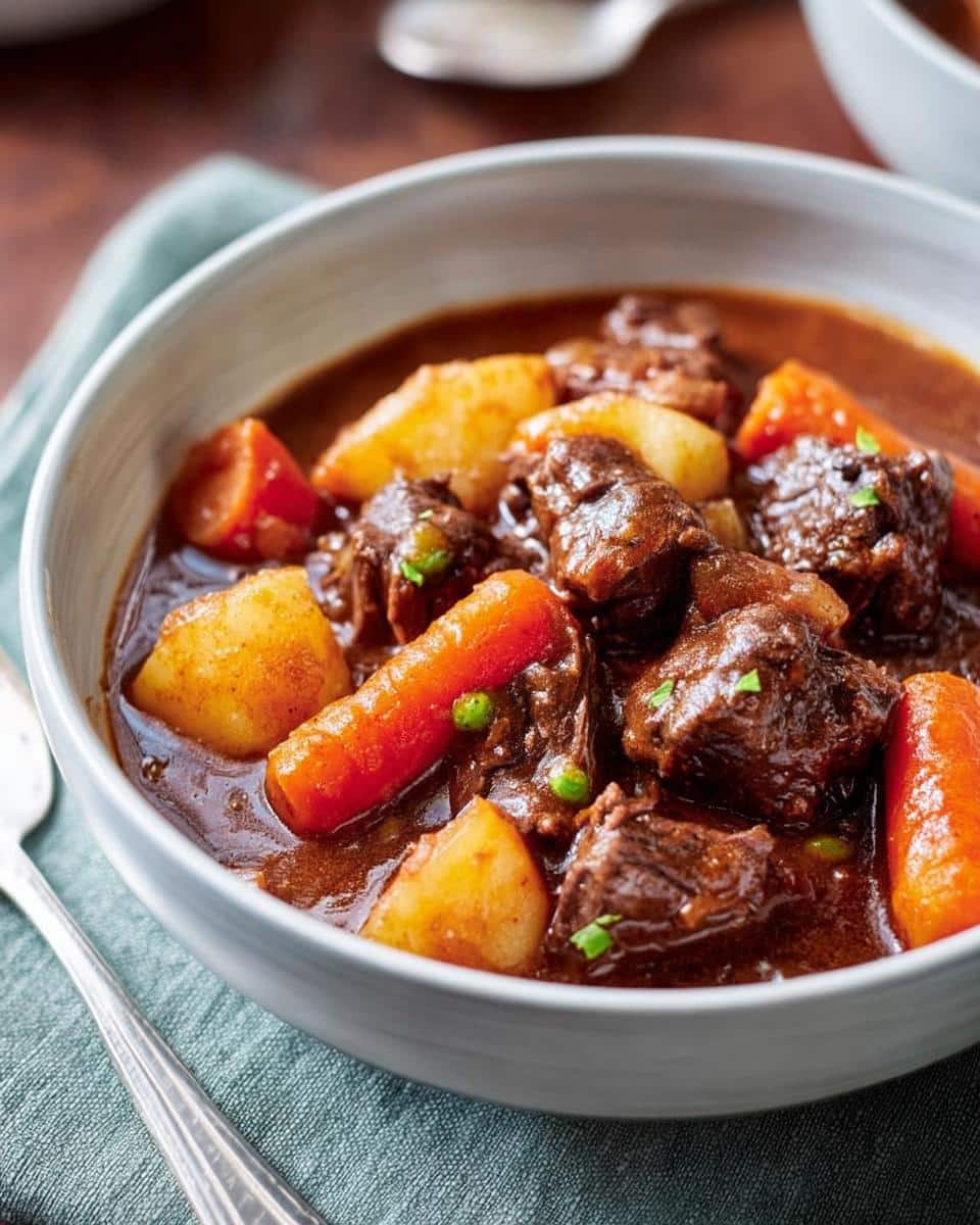 Close-up of a bowl filled with rich, dark Comfort Beef Stew featuring tender beef chunks, large carrots, and potatoes.