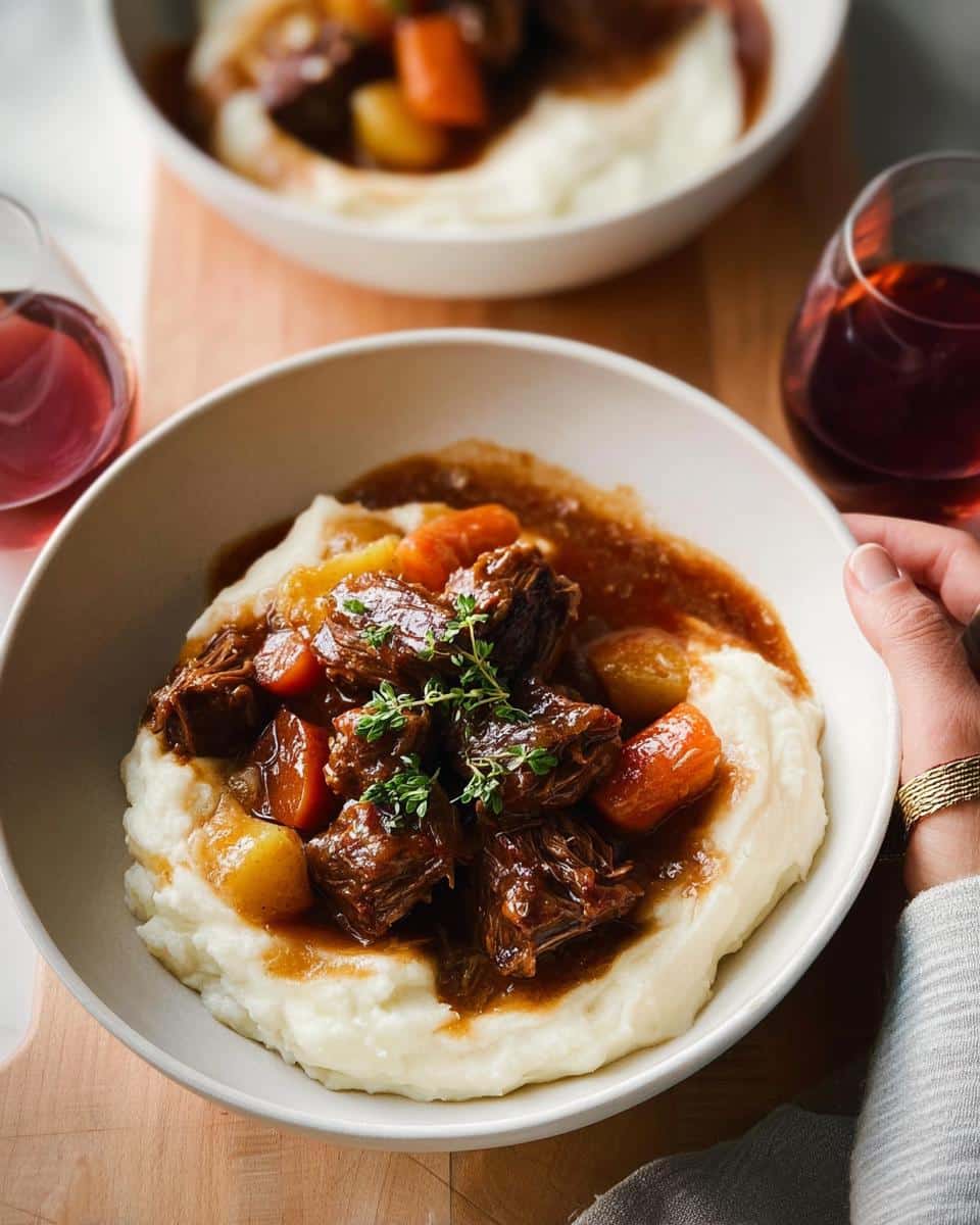 A bowl of rich Cozy Beef Stew with carrots and gravy served over creamy mashed potatoes, garnished with thyme.