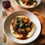 A bowl of rich Cozy Beef Stew served over creamy mashed potatoes and garnished with parsley.