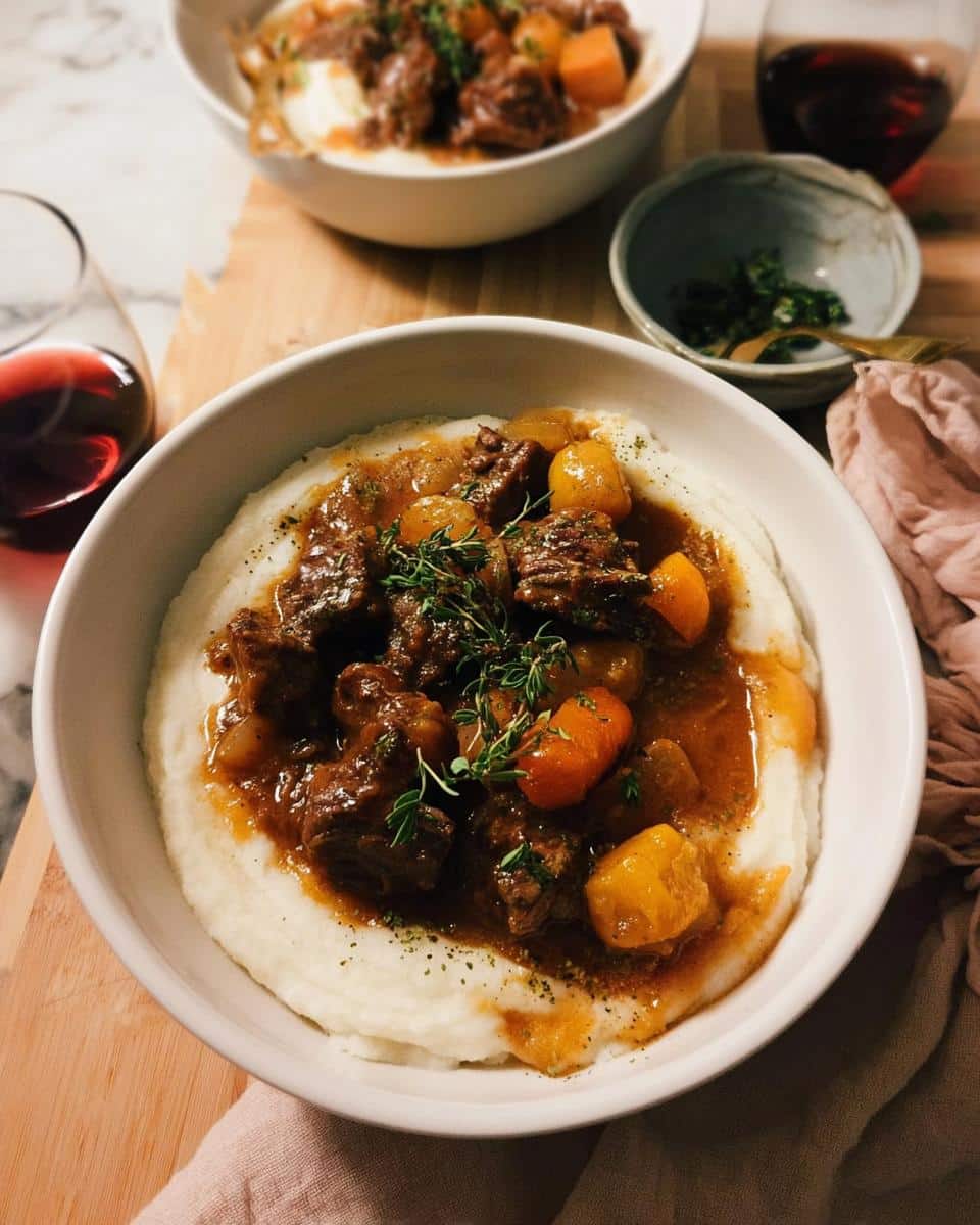 A white bowl filled with Cozy Beef Stew served over creamy mashed potatoes, garnished with thyme.