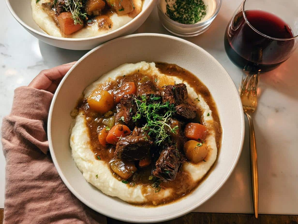 A bowl of rich Cozy Beef Stew served over creamy mashed potatoes, garnished with thyme.