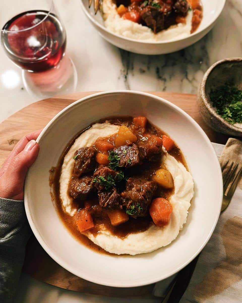 A bowl of rich Cozy Beef Stew served over mashed potatoes, held by a hand, with red wine nearby.