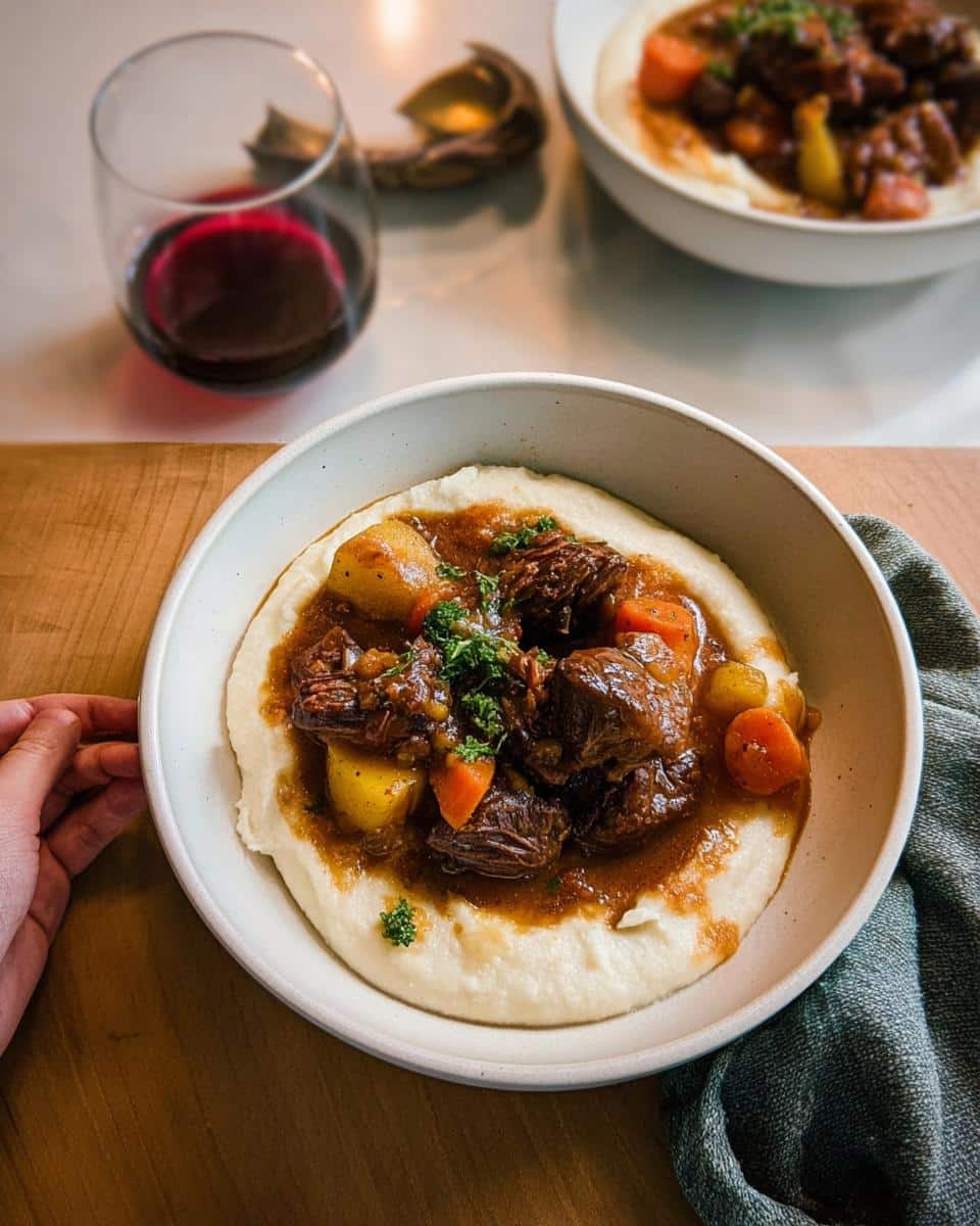 A bowl of rich Cozy Beef Stew served over creamy white polenta, garnished with parsley, next to a glass of red wine.