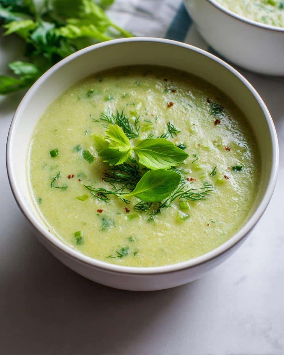 A close-up of creamy Celery Soup for Clean Eating, garnished with fresh dill and celery leaves.