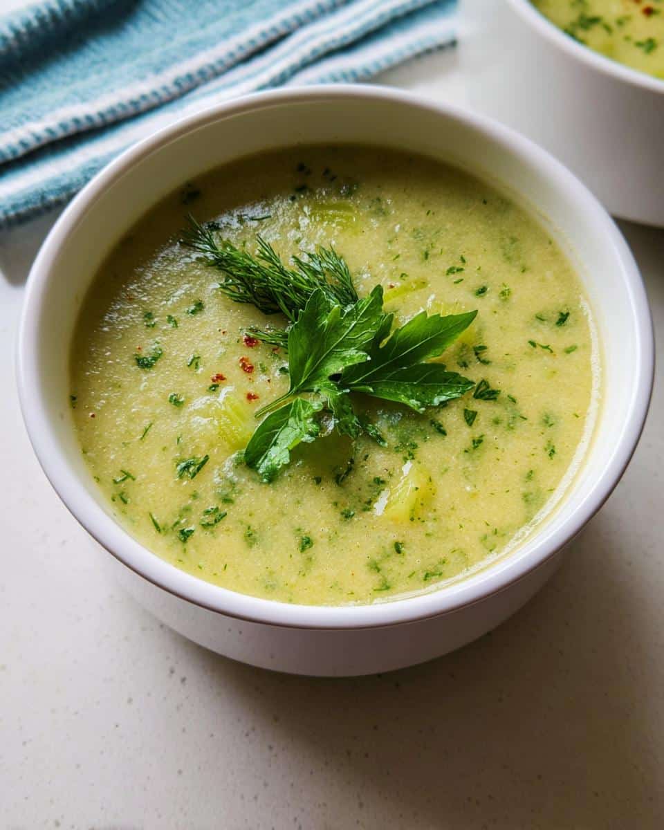 Close-up of a bowl of creamy, pale green Celery Soup for Clean Eating, garnished with fresh parsley and dill.