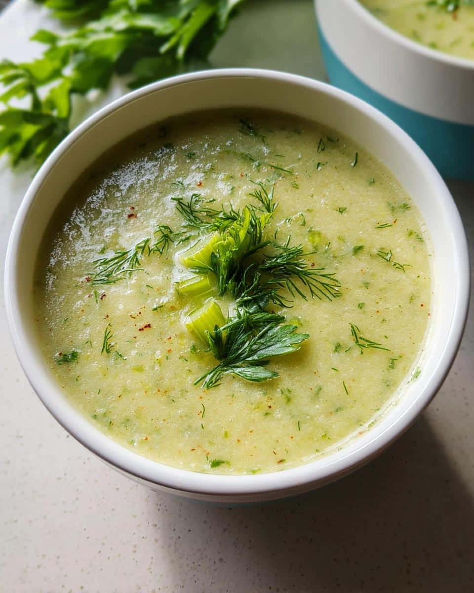Close-up of creamy, light green Celery Soup for Clean Eating, garnished with fresh dill and celery pieces.