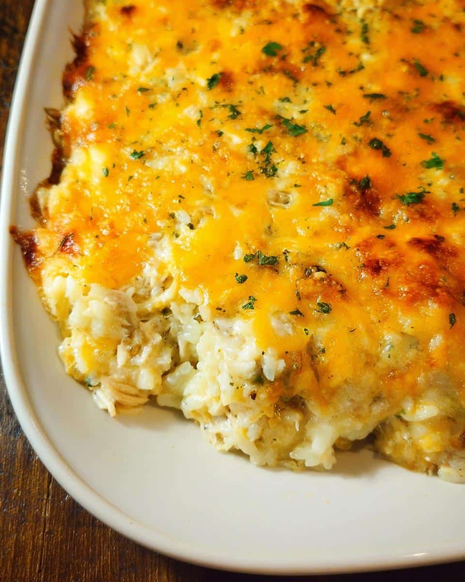 A close-up view of a scoop of Creamy Chicken and Rice Casserole topped with melted cheddar cheese and parsley.