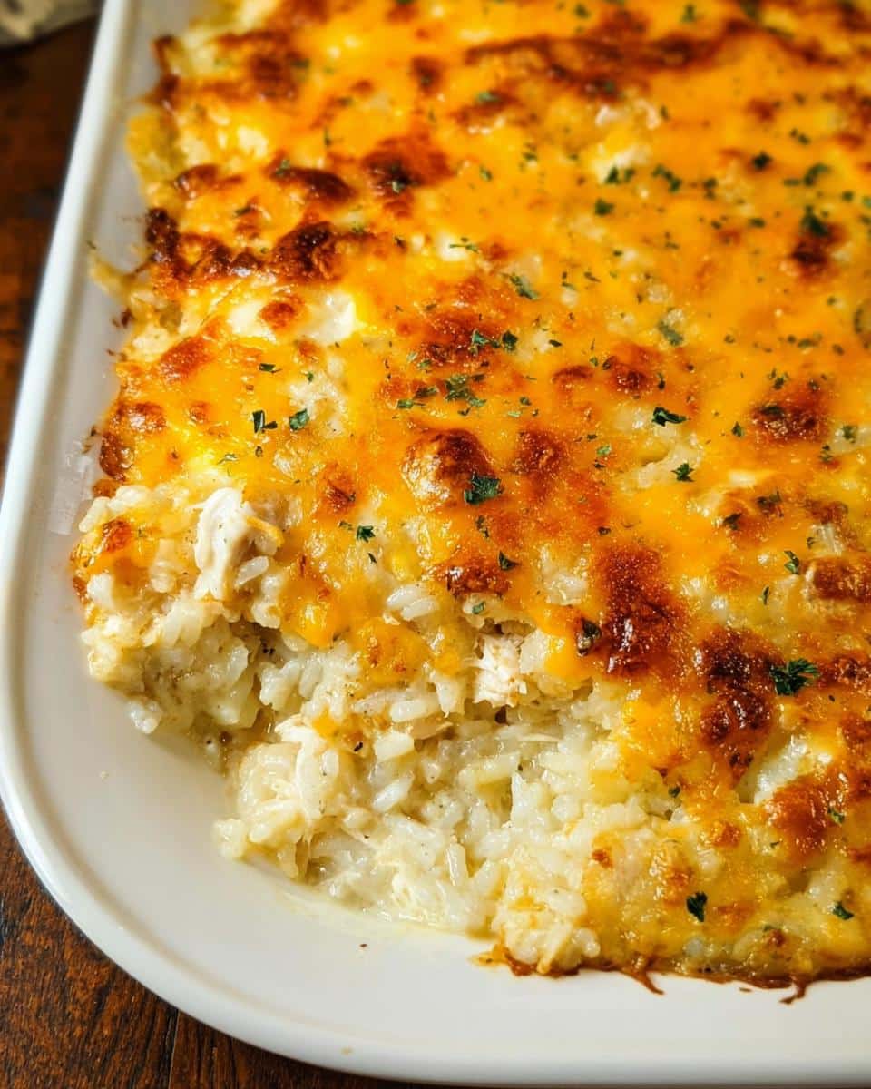 Close-up of a baked Creamy Chicken and Rice Casserole with a bubbly, browned cheddar cheese topping and parsley.