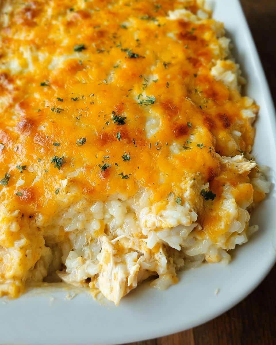 A close-up of a scoop taken from the Creamy Chicken and Rice Casserole, showing melted cheddar cheese topping and shredded chicken mixed with rice.