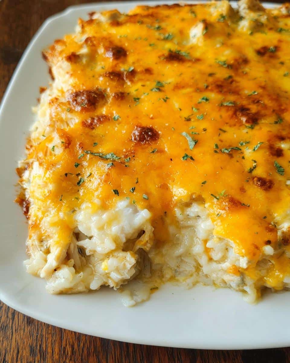 A close-up view of a serving of rich Creamy Chicken and Rice Casserole topped with melted, browned cheddar cheese.