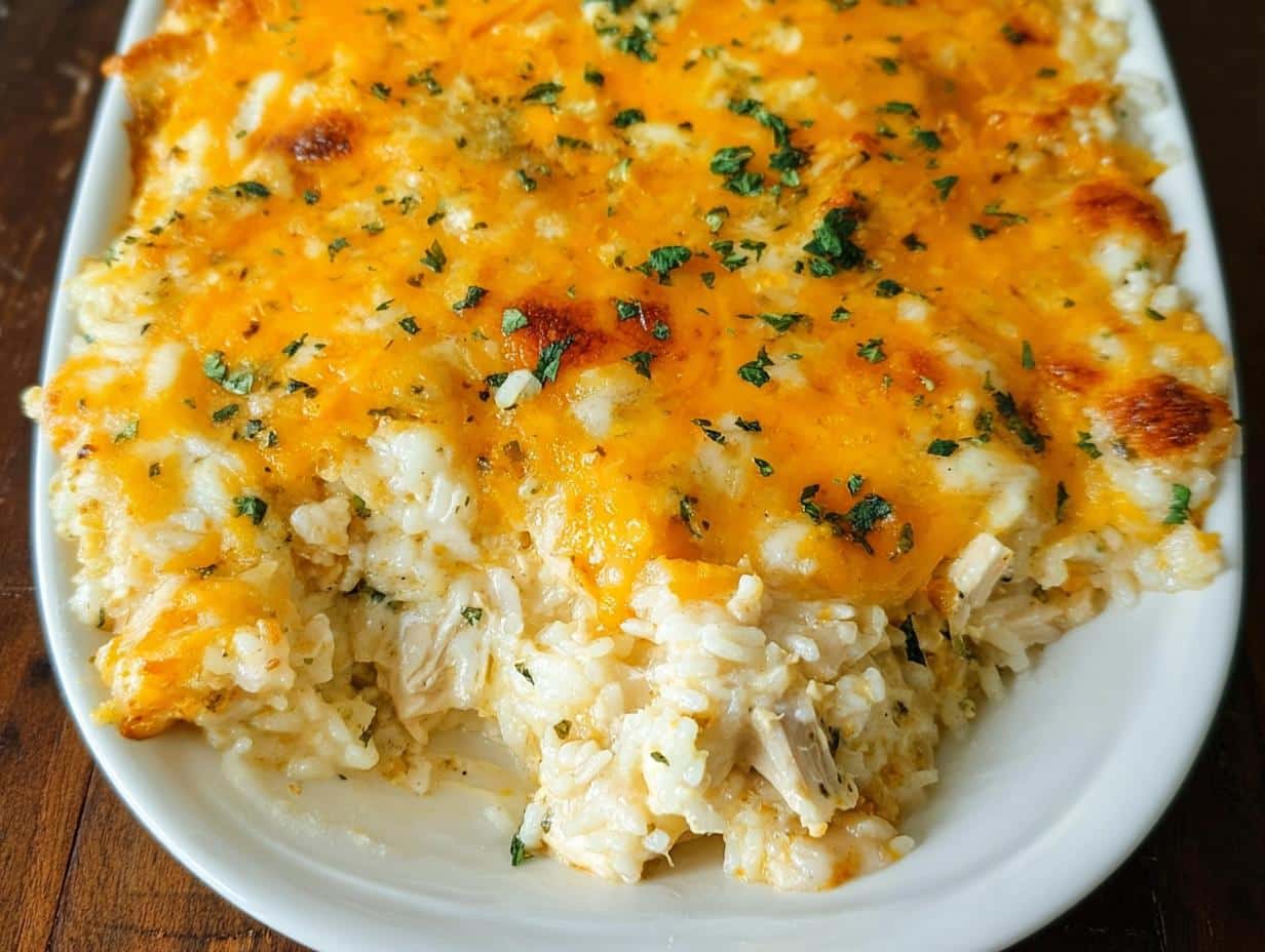 A close-up of a baked Creamy Chicken and Rice Casserole topped with melted cheddar cheese and parsley.