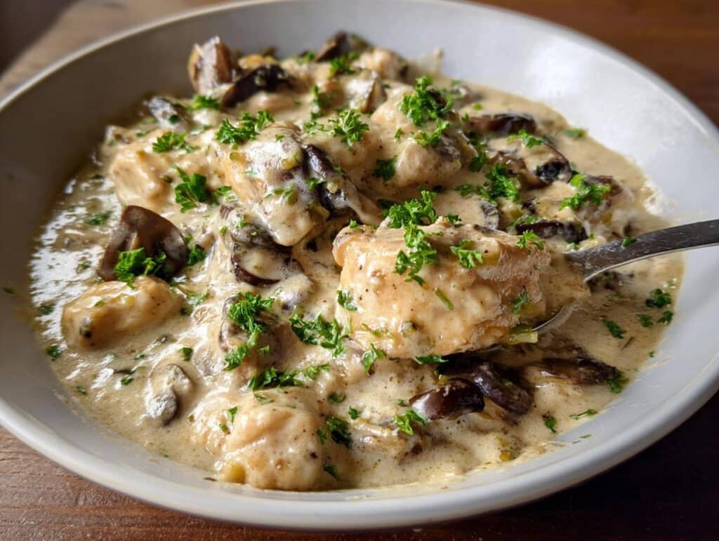 A close-up of a serving of Creamy Chicken Mushroom Casserole, featuring chunks of chicken and dark mushrooms in a rich sauce, garnished with parsley.