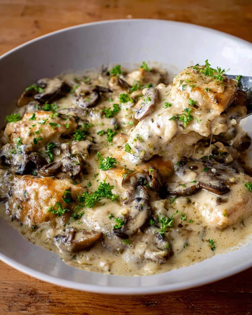 A fork lifts a piece of chicken coated in rich sauce and mushrooms from a bowl of Creamy Chicken Mushroom Casserole.
