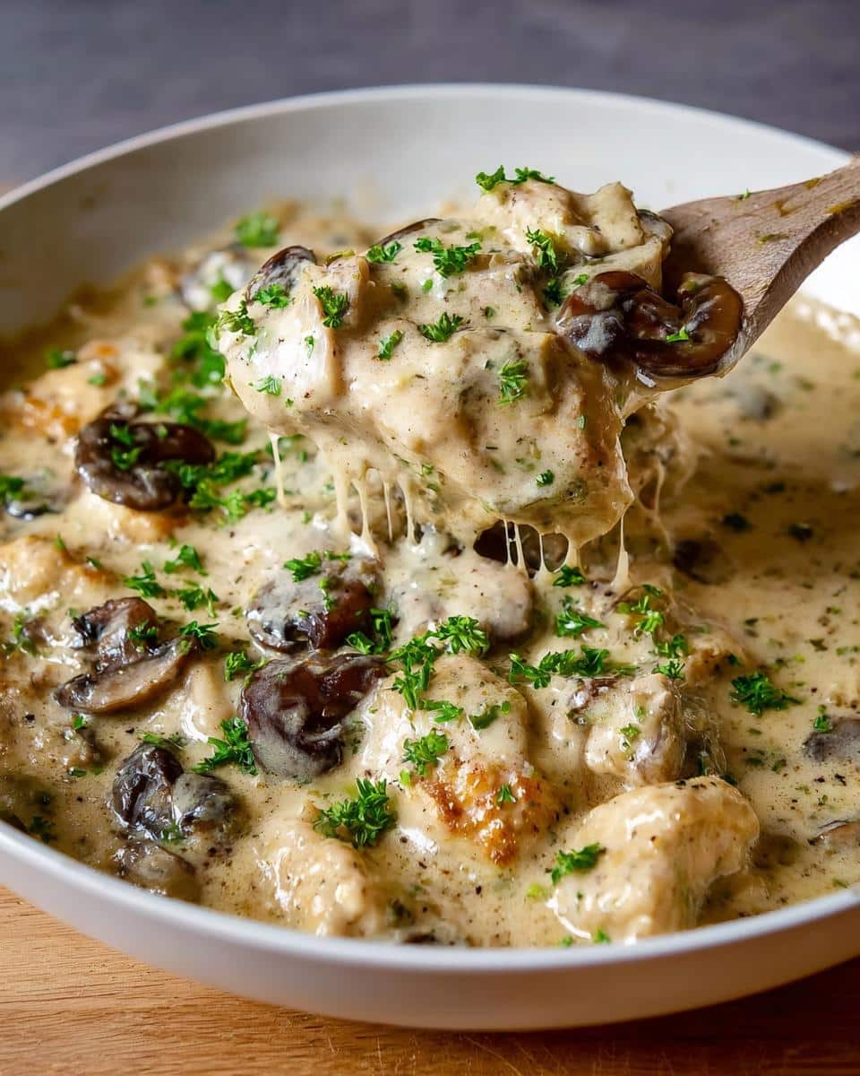 A wooden spoon lifts a piece of chicken coated in rich sauce from a bowl of Creamy Chicken Mushroom Casserole, showing a cheese pull.