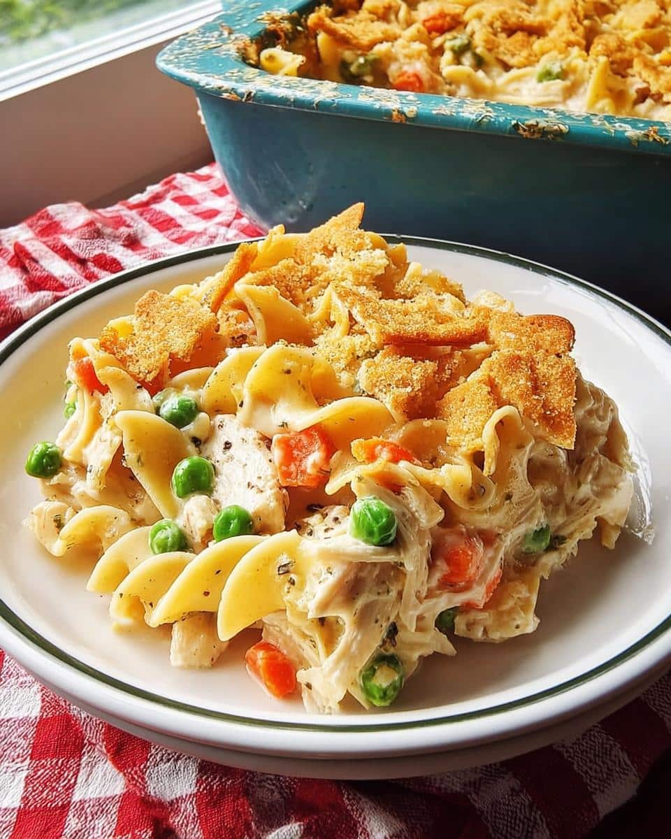 A close-up serving of creamy Chicken Noodle Casserole with egg noodles, peas, carrots, and a crunchy breadcrumb topping.