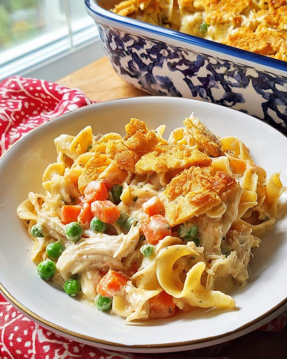 A white bowl filled with creamy Chicken Noodle Casserole featuring egg noodles, shredded chicken, peas, carrots, and a crunchy topping.