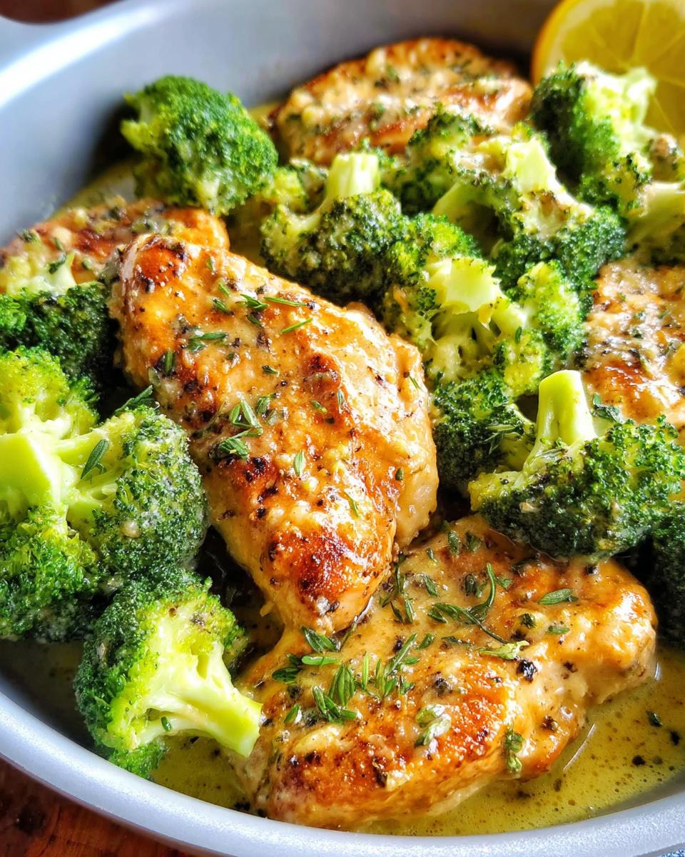 Close-up of pan-seared Creamy Garlic Chicken with Broccoli Florets coated in a rich, yellow sauce.