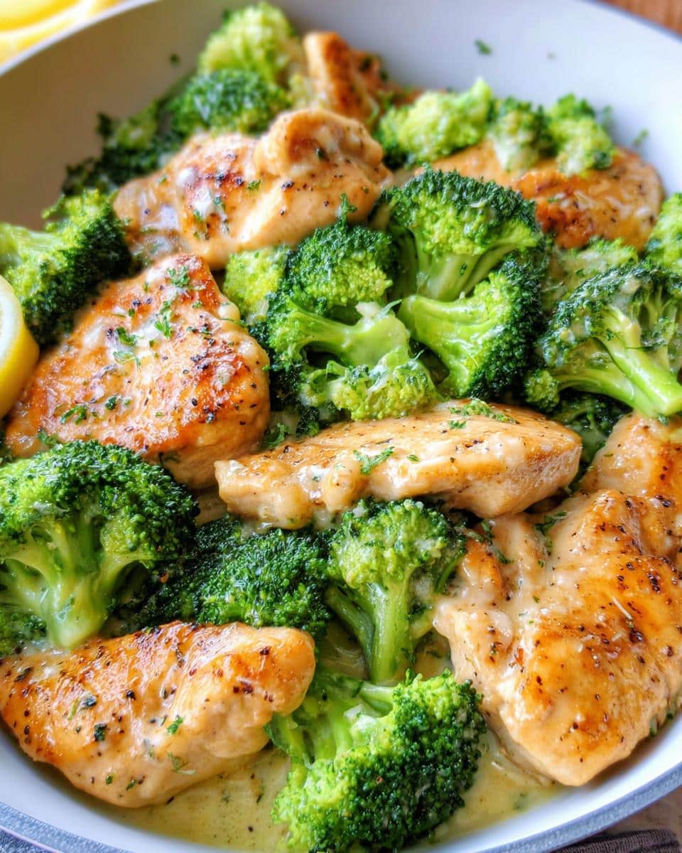 Close-up of pan-seared chicken pieces coated in a creamy sauce, mixed with bright green broccoli florets, making the Creamy Garlic Chicken with Broccoli Florets.