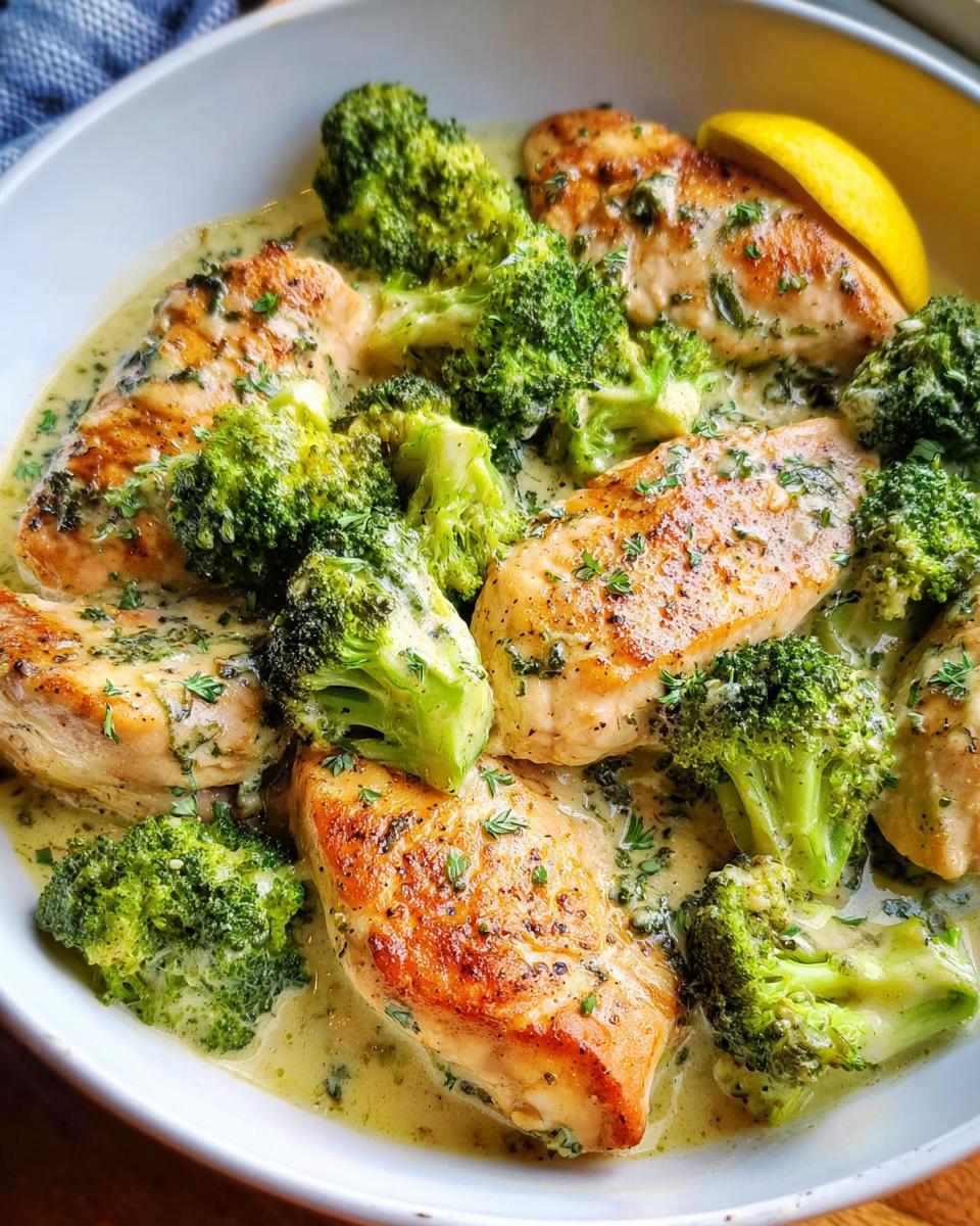 Close-up of seared chicken breasts coated in a rich sauce with bright green broccoli florets, perfect Creamy Garlic Chicken with Broccoli Florets.
