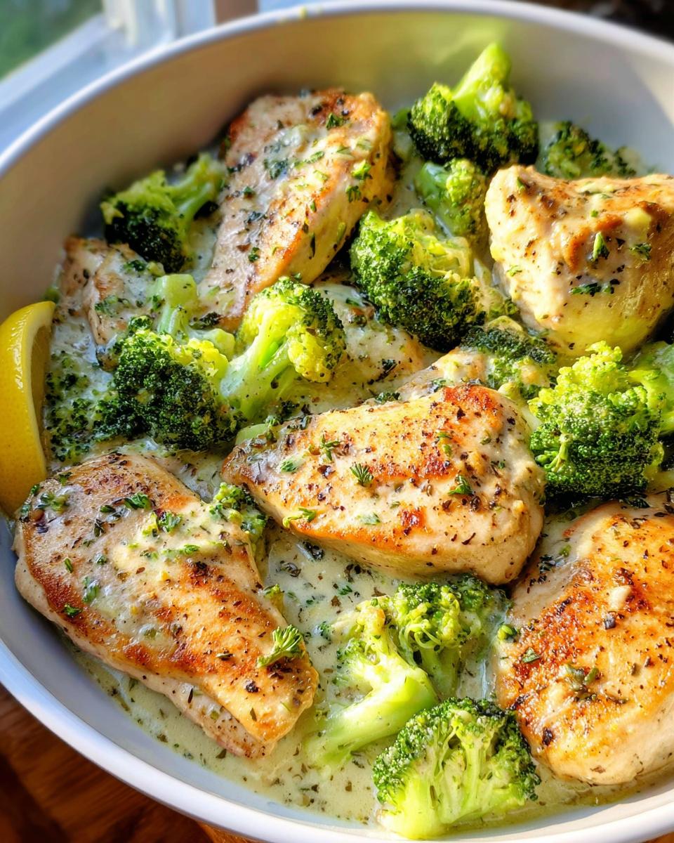 Close-up of seared chicken breasts covered in creamy garlic sauce with bright green broccoli florets.