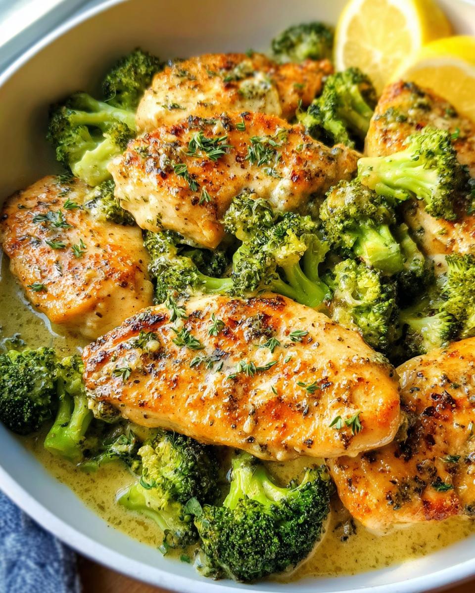 Close-up of seared chicken breasts covered in a creamy garlic sauce with bright green broccoli florets.