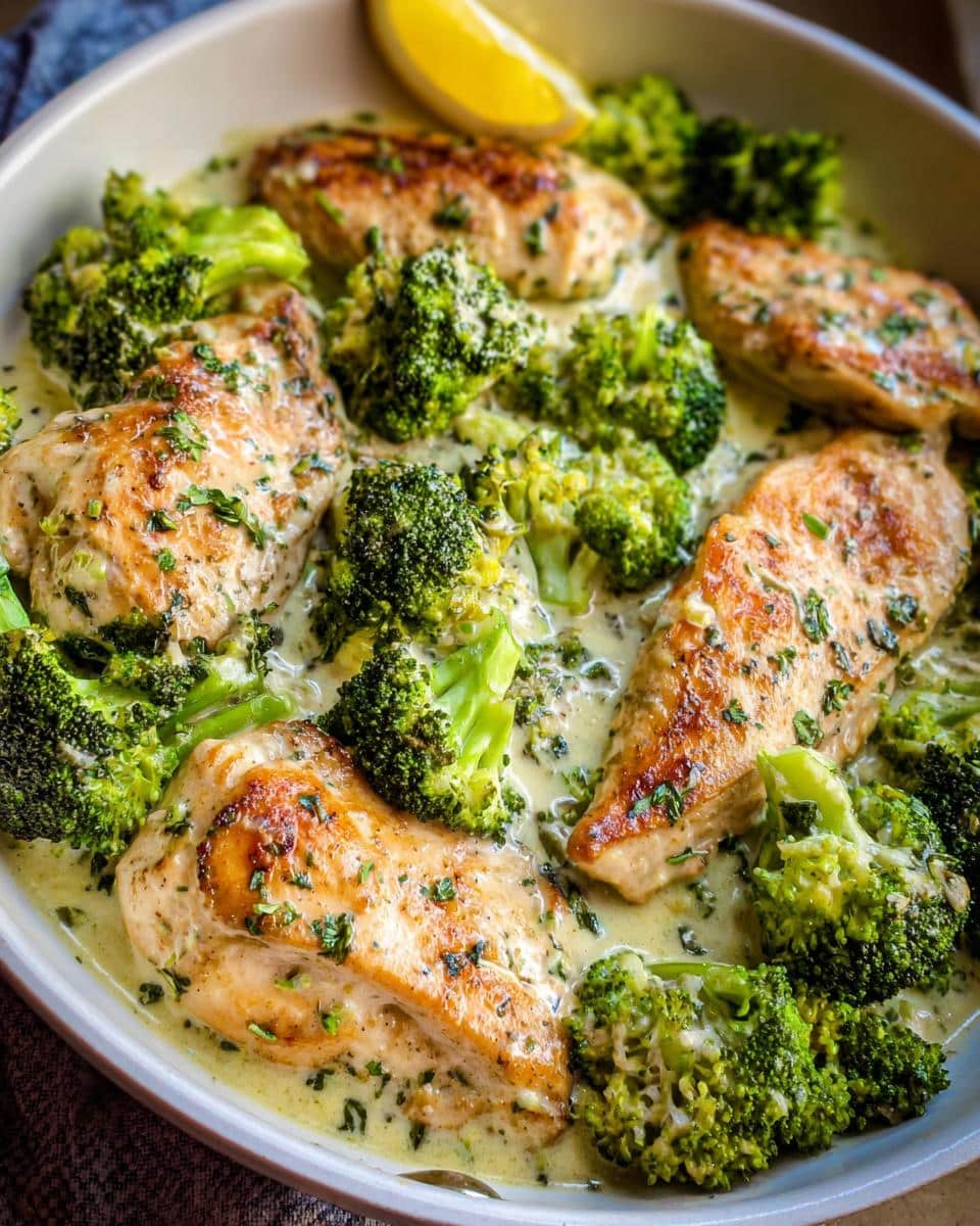Close-up of pan-seared chicken breasts covered in a rich sauce with bright green broccoli florets, perfect Creamy Garlic Chicken.