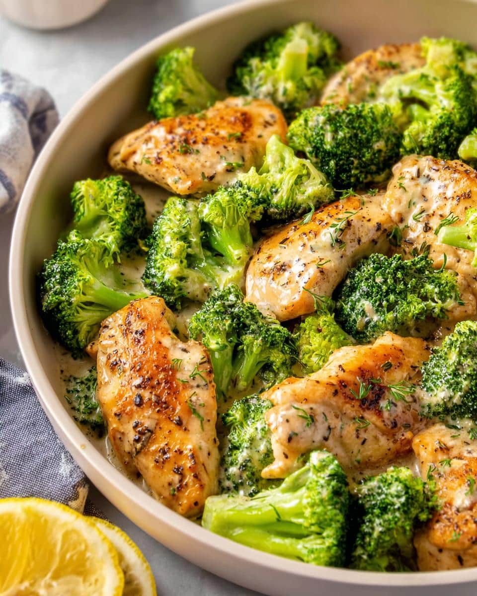 Close-up of pan-seared chicken breasts coated in a creamy garlic sauce with bright green broccoli florets.