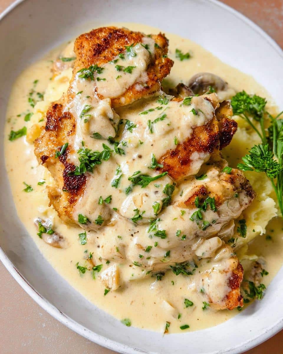 Close-up of pan-seared Creamy Garlic Chicken for Date Night smothered in rich sauce over mashed potatoes.