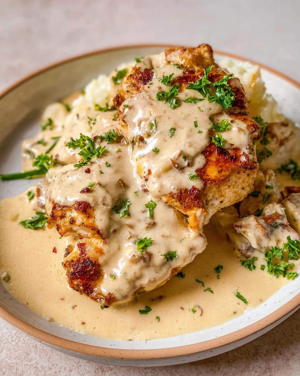 Two seared chicken breasts covered in a rich, creamy garlic sauce and parsley, served over mashed potatoes.