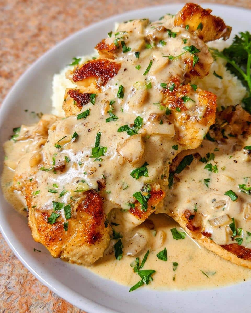 Close-up of seared chicken breasts covered in a rich, creamy garlic sauce and fresh parsley.