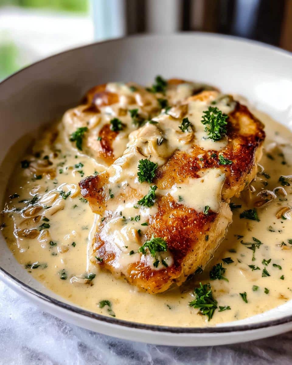 Two seared chicken breasts smothered in a rich, creamy garlic sauce with mushrooms and fresh parsley garnish.