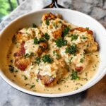 Close-up of pan-seared chicken pieces smothered in a rich, creamy garlic sauce and garnished with fresh parsley.