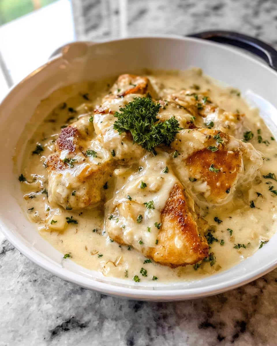 Close-up of seared chicken pieces smothered in rich, creamy garlic sauce, garnished with parsley, perfect for Creamy Garlic Chicken.
