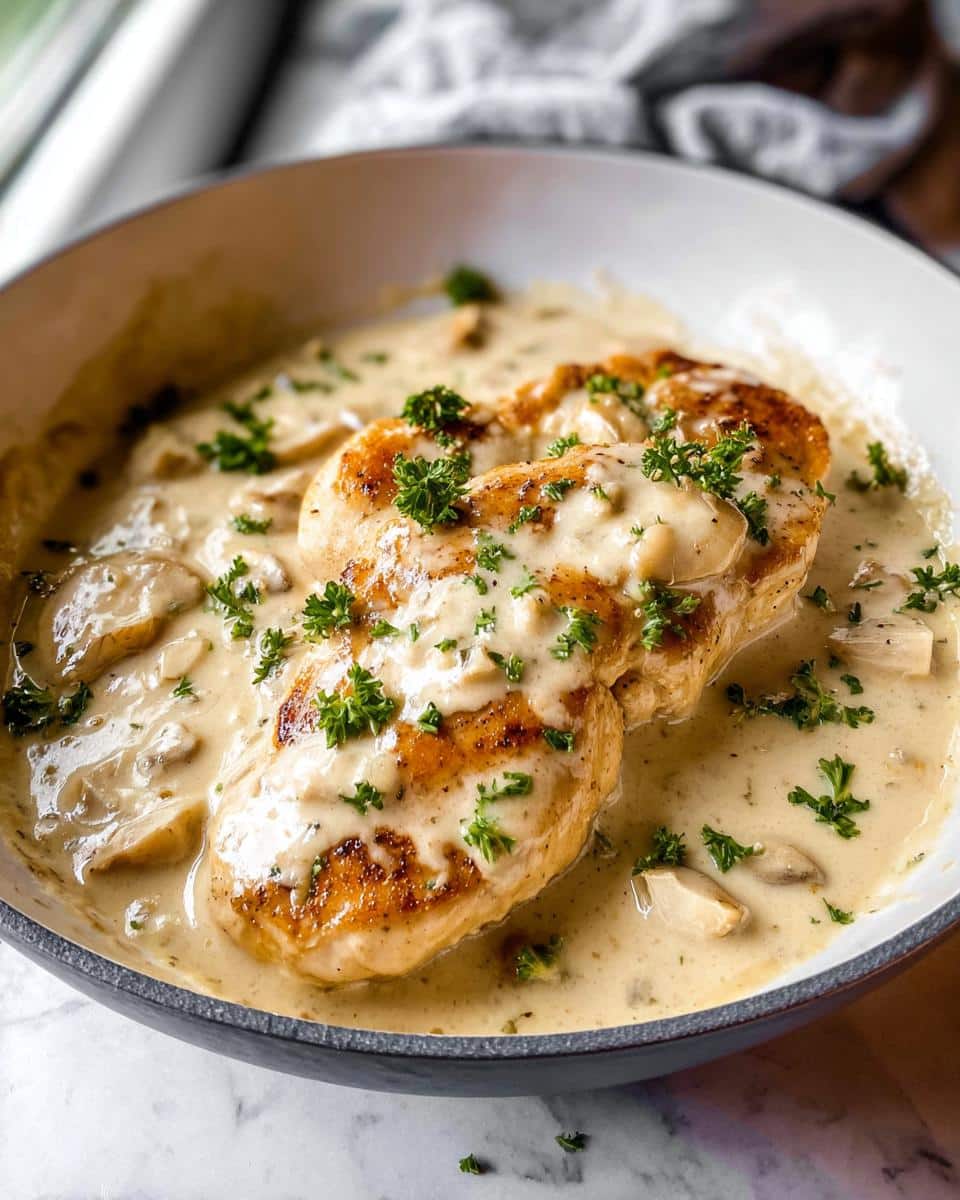 Two golden-brown chicken breasts covered in a rich, creamy garlic sauce with mushrooms, garnished with parsley.