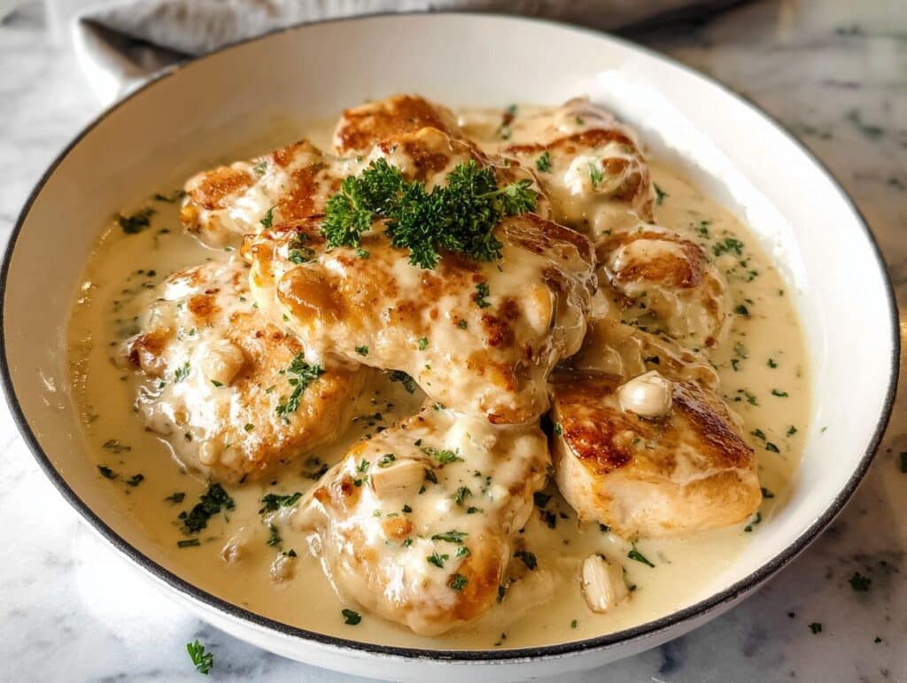 Close-up of pan-seared chicken breasts smothered in a rich, creamy garlic sauce and garnished with parsley.