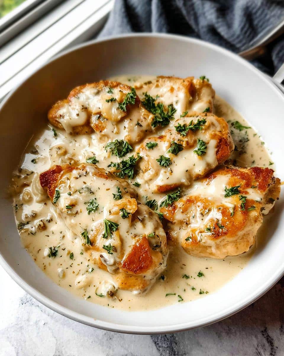 Four pieces of golden-brown chicken breasts smothered in a rich, creamy garlic sauce and topped with fresh parsley.
