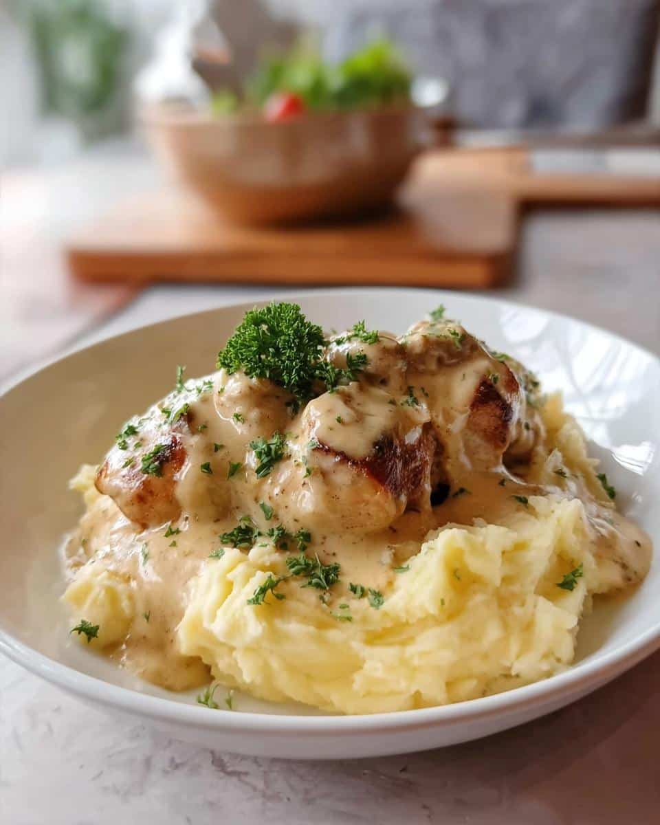 Seared chicken pieces smothered in creamy garlic sauce served over fluffy mashed potatoes, garnished with parsley.