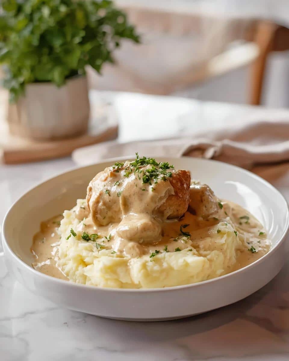 A white bowl filled with Creamy Garlic Chicken Over Mashed Potatoes, topped with fresh parsley.