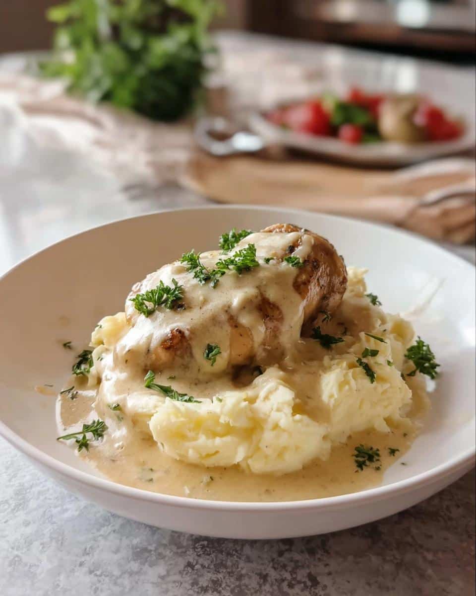 A serving of Creamy Garlic Chicken Over Mashed Potatoes topped with rich sauce and fresh parsley.