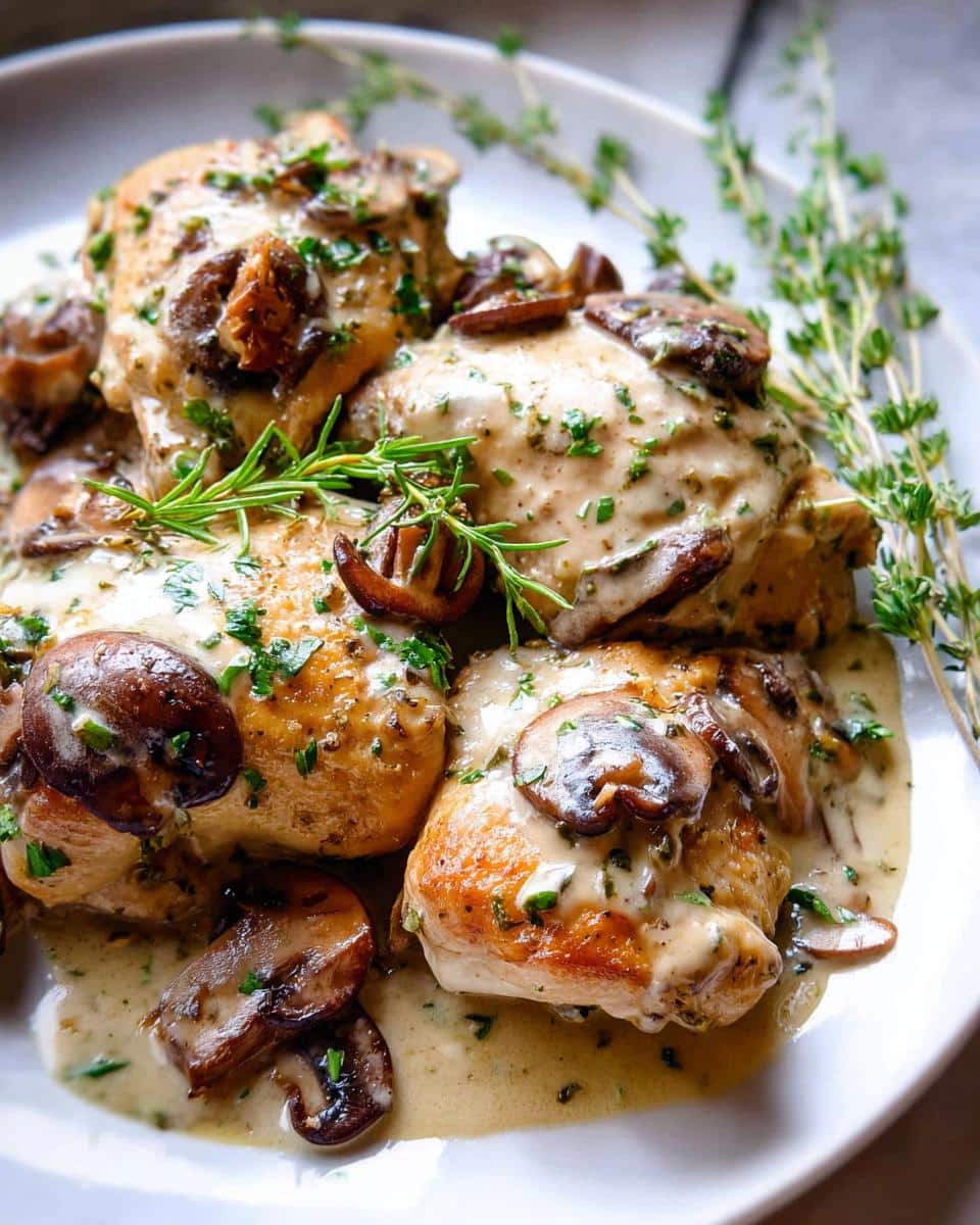 Four pieces of golden-brown chicken topped with a creamy garlic sauce, sautéed mushrooms, and fresh herbs.