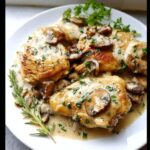 Four pieces of seared chicken thighs covered in a rich, creamy garlic sauce with sliced mushrooms, garnished with fresh herbs.