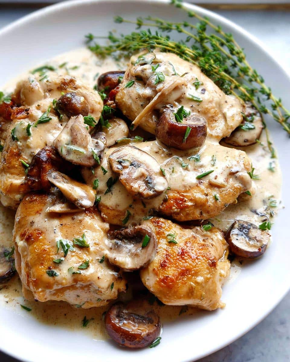 Golden-brown chicken pieces smothered in a creamy garlic sauce with sliced mushrooms, garnished with fresh herbs.
