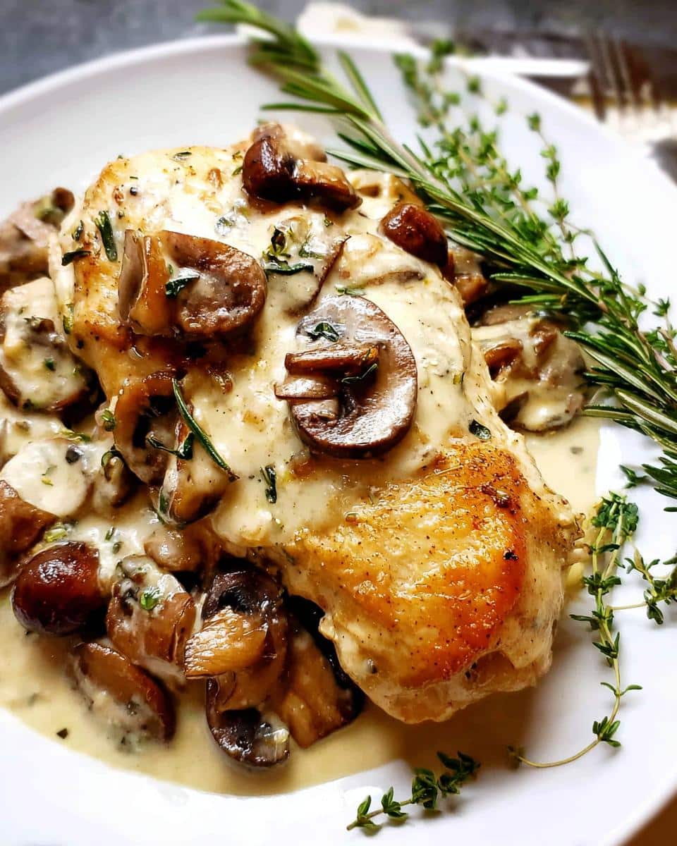 A golden-brown chicken breast smothered in creamy garlic sauce with sautéed mushrooms, garnished with fresh rosemary and thyme.