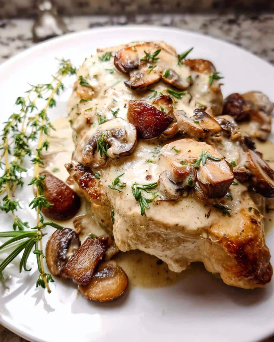 Two pieces of Creamy Garlic Chicken with Mushrooms and Herbs smothered in sauce and garnished with fresh thyme.